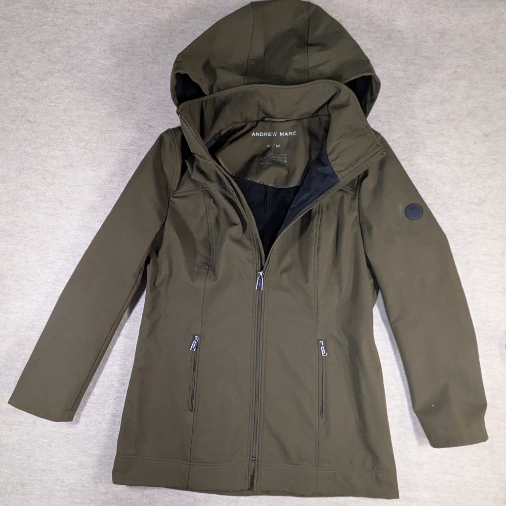 Andrew Marc Women's Long Softshell Hooded Jacket Loden Olive green Size Medium